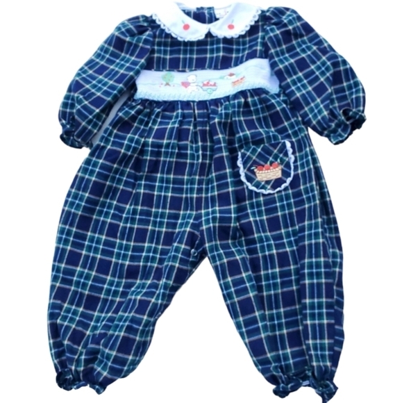 Vintage BT Kids Jumpsuit Smocked Green|Blue Plaid Baby 18 Months - Picture 1 of 5